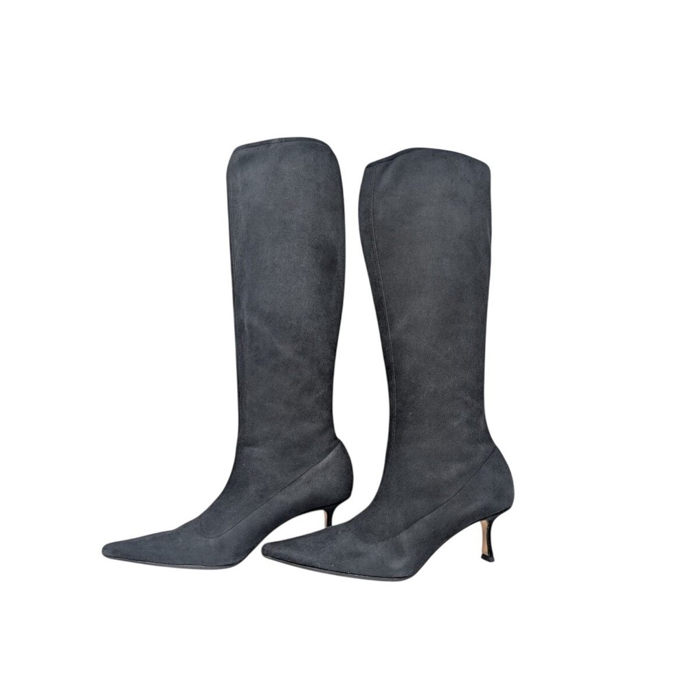 Jimmy Choo Vail Stretch Black Suede Knee‎ High Kitten Heel Boots 37.5 US 7.5